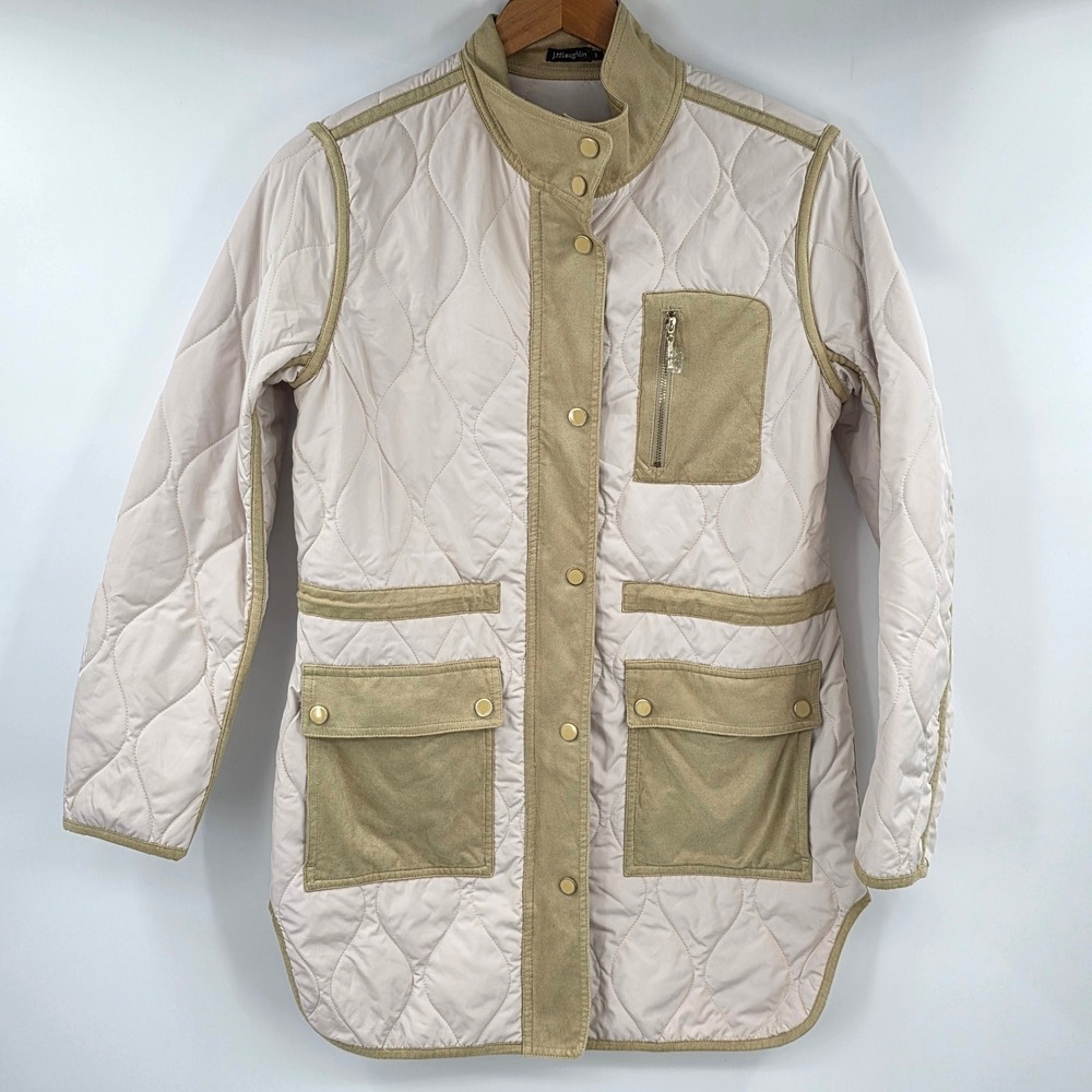 J McLaughlin Womens Beige Quilted Faux Suede Trim Snap Front Barn Jacket Small